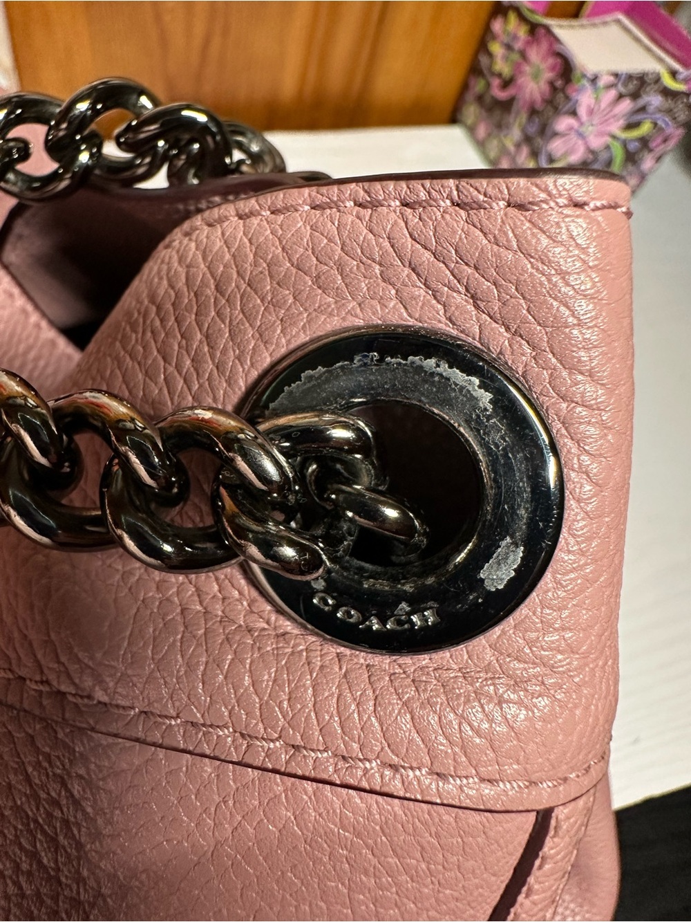 Coach Dusty Rose Pebbled Leather Shoulder Bag with Chain Straps - Picture 9 of 16